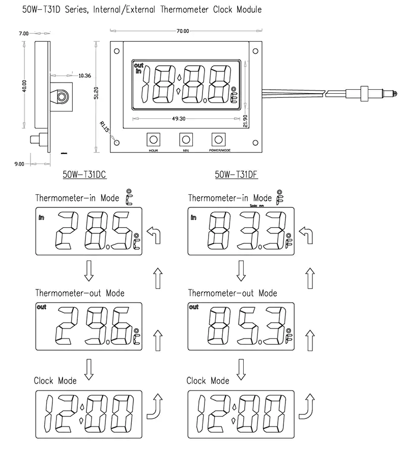 50W-T31D Series, Internal/External Thermometer Clock Module