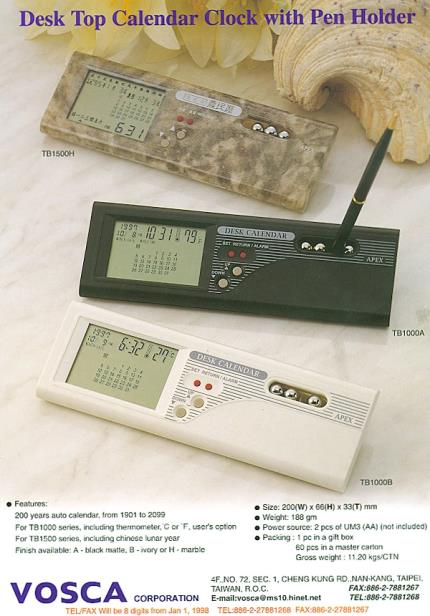 TB1000A calendar clock with thermometer &amp; pen holder